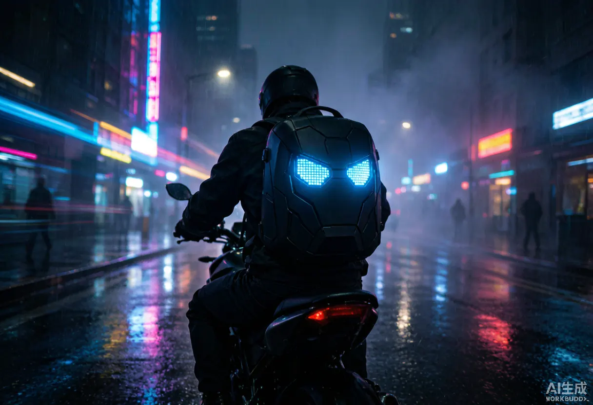 LOY Black Knight LED motorcycle backpack on rider at night