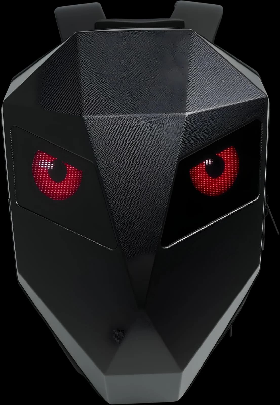 GTX backpack with an angular black shell and red LED eyes